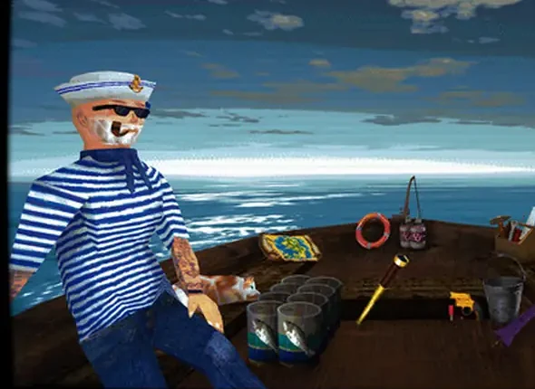 Official Don't Sleep With The Fishes gameplay crop showing Captain Whiskers on the lifeboat beside the sailor