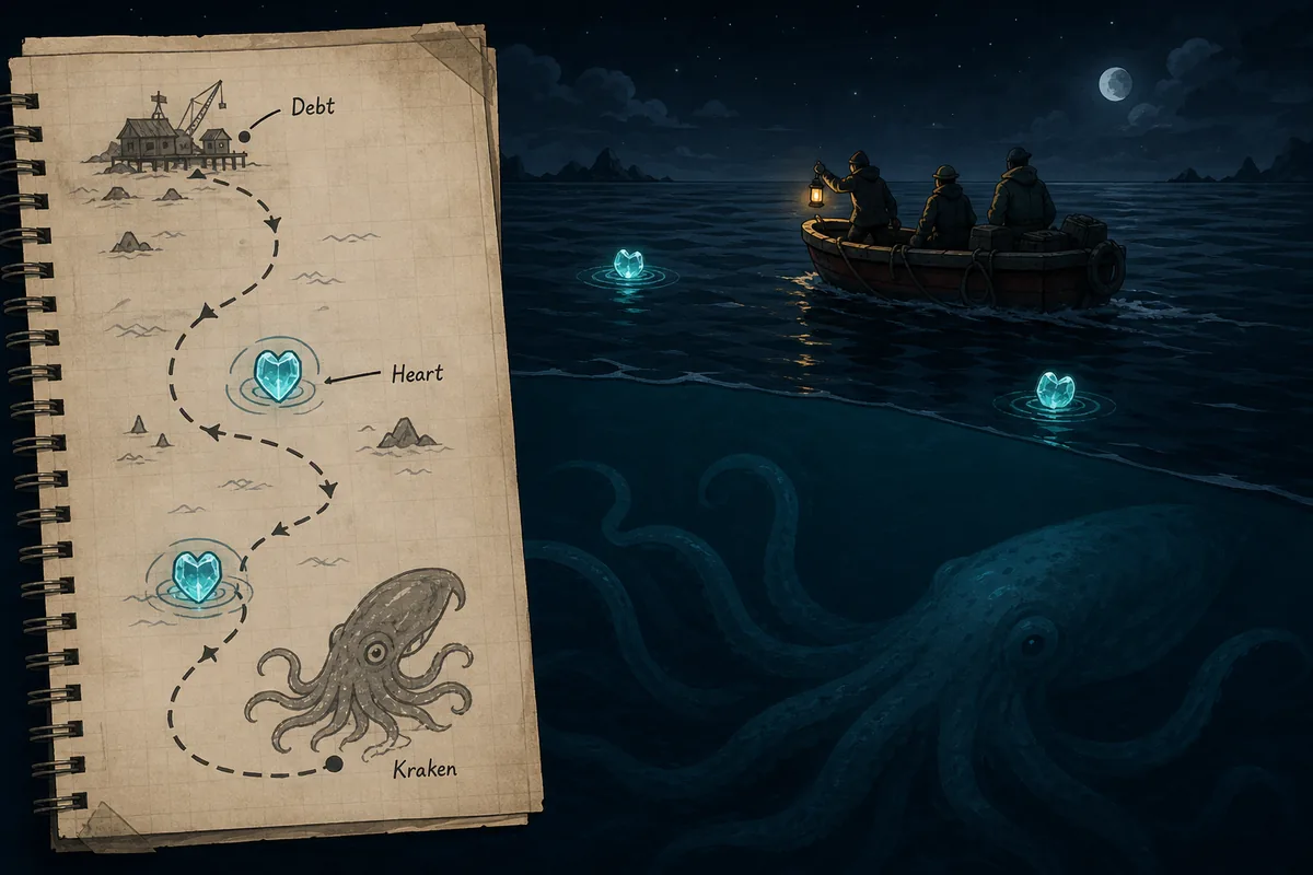 Editorial route diagram showing debt, sea-heart clues, a lifeboat, and a Kraken silhouette