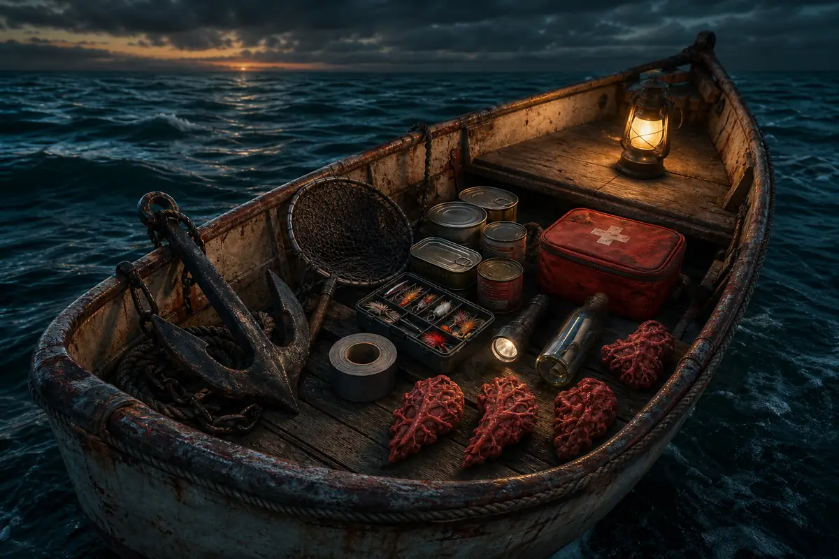 Editorial illustration of a lifeboat inventory balanced between food, fishing, repair, event tools, and route clues