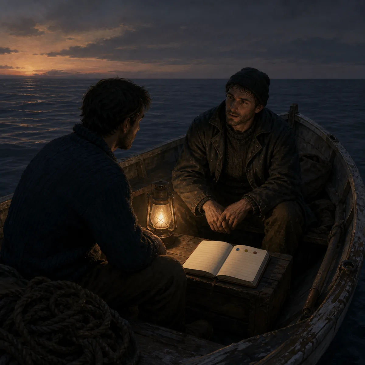 Generated editorial illustration of two shipmates discussing a notebook at dusk during a conversation experiment
