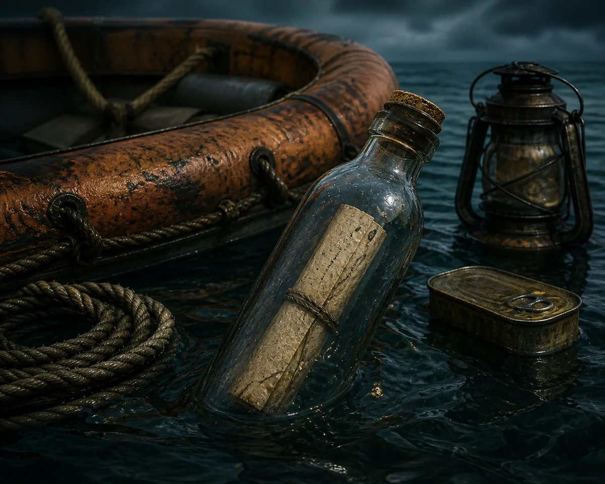 Editorial illustration of a message bottle beside lifeboat supplies for Don't Sleep With The Fishes route testing