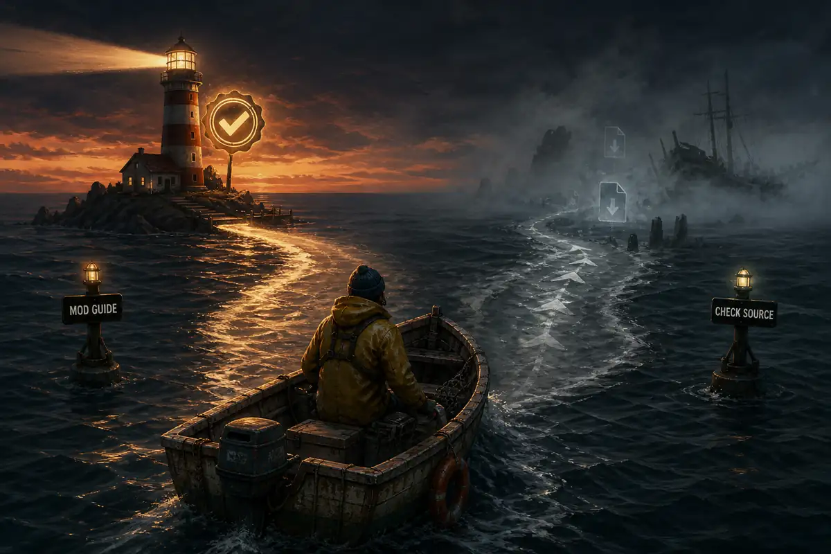 Conceptual nautical illustration of a boat choosing a verified source path for a mod guide