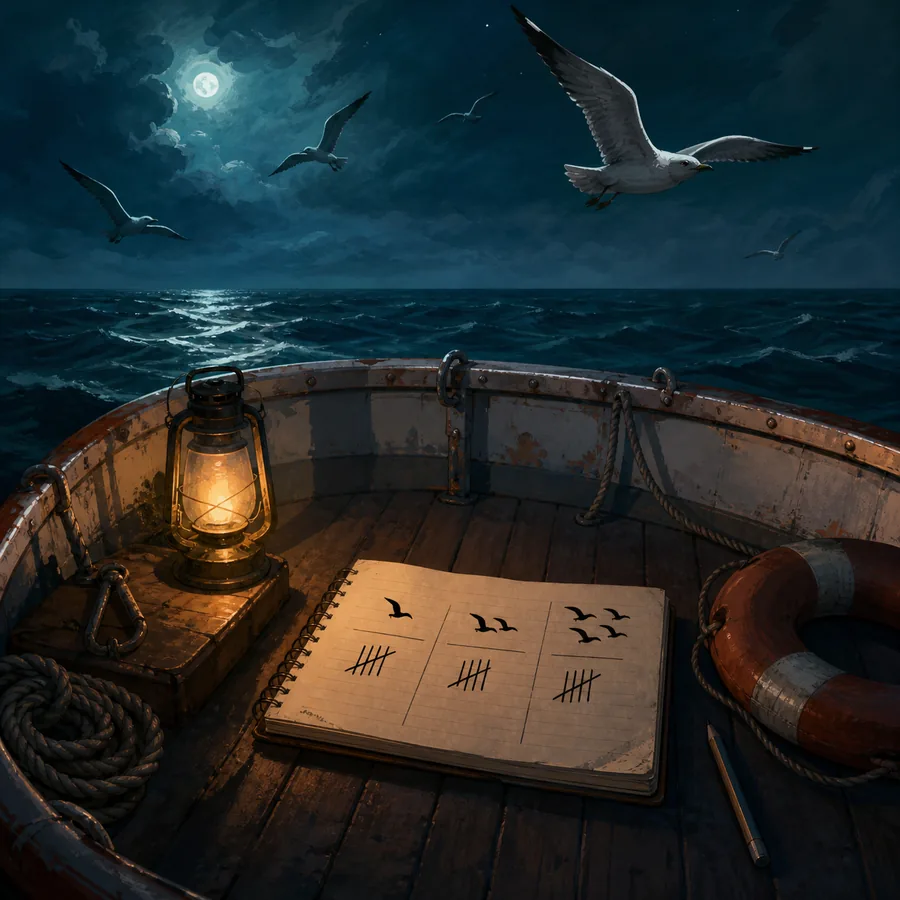 Concept illustration of seagulls above a lifeboat, lantern, and three-run observation notebook