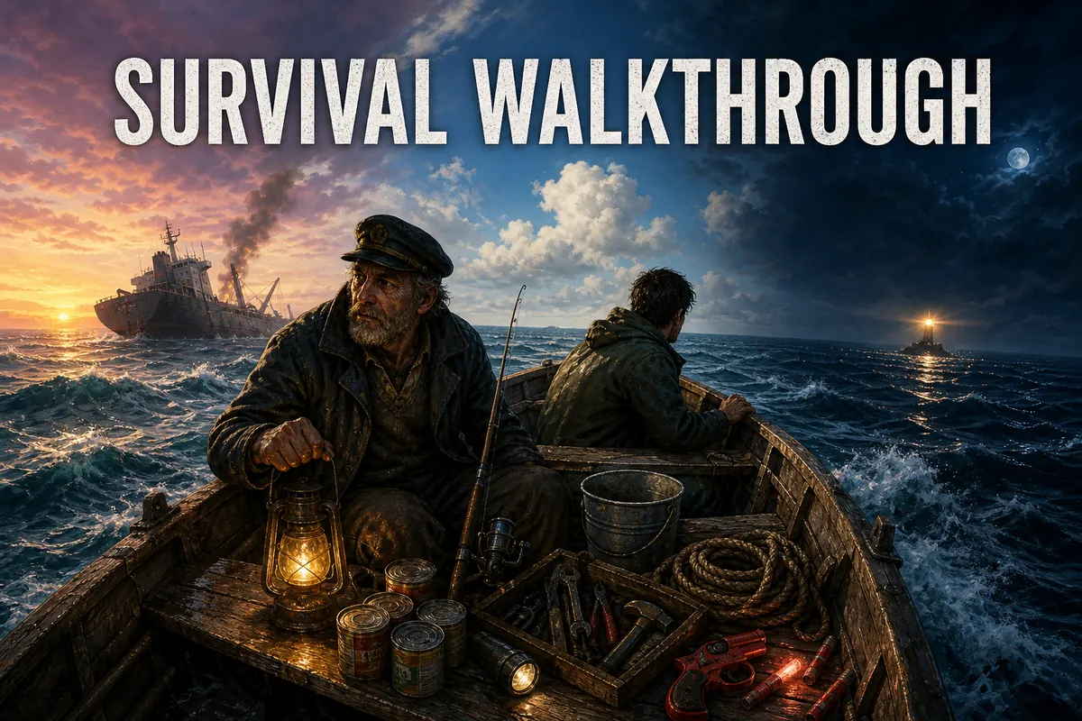 Editorial survival walkthrough showing two sailors, a lifeboat, supplies, a damaged ship and a rescue light